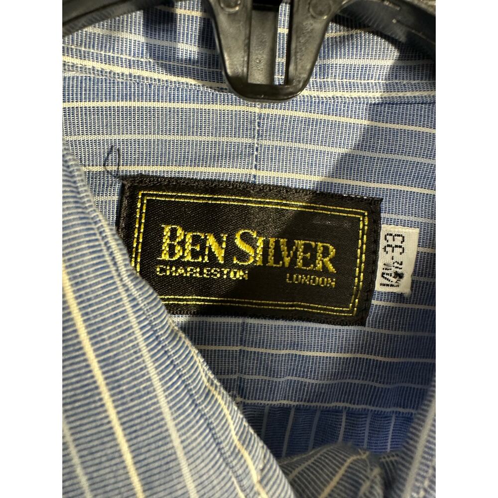 Vintage Ben Silver Shirt Men Large 14.5 33 Blue Striped Spread Button Charleston - Picture 2 of 6